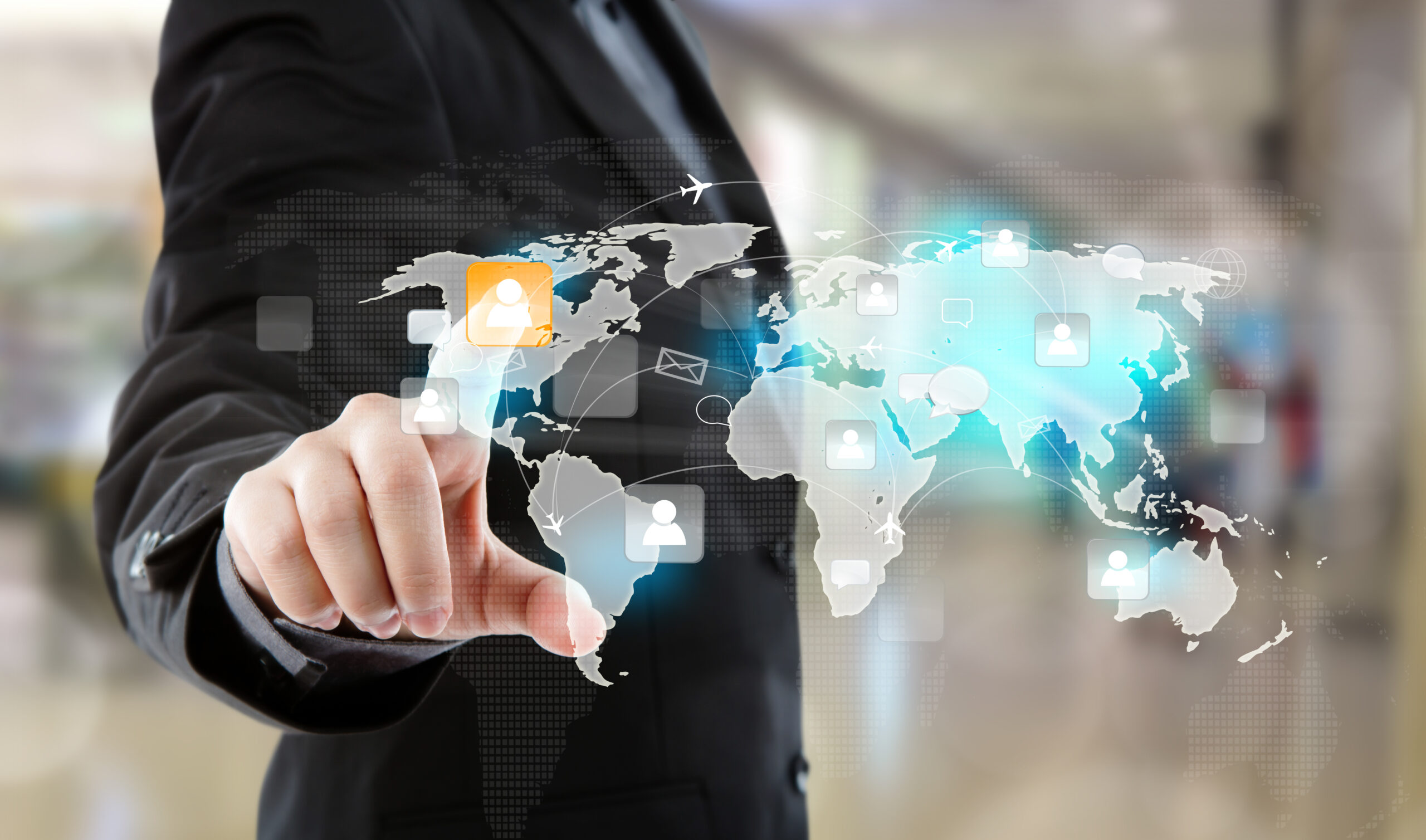 Social Network concept : Business man point to social network a Social Network concept : Business man point to social network and world map